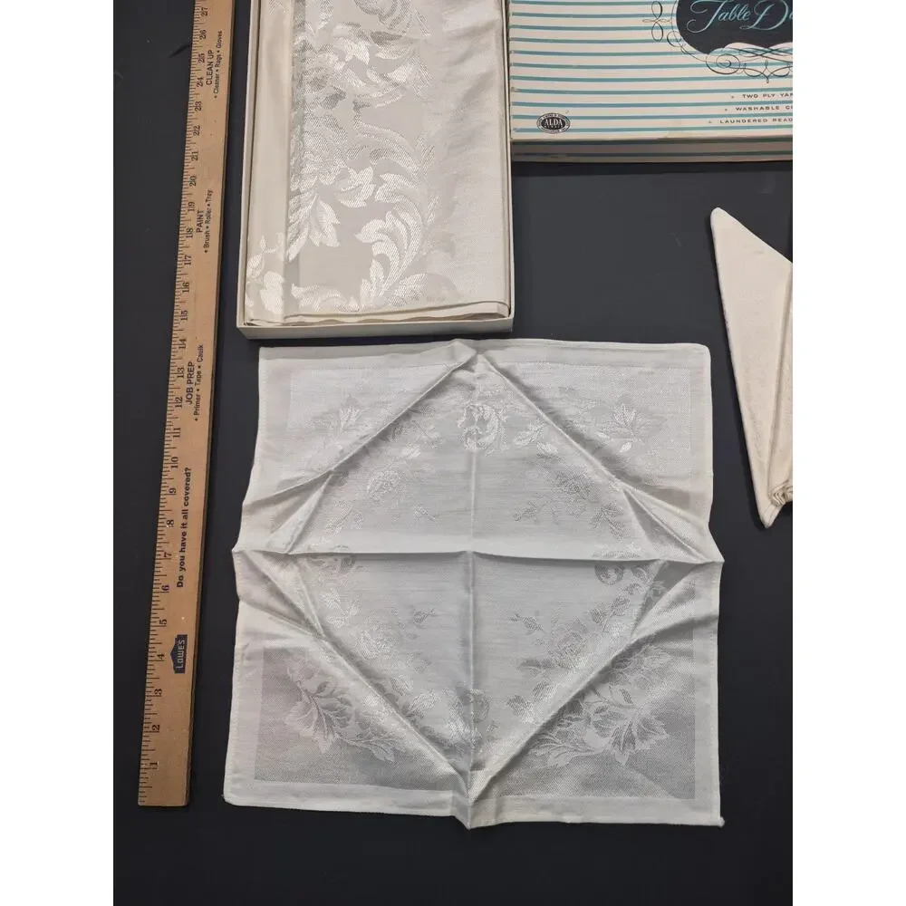 Vintage Steamship Brand Damask 1 Tablecloth and 6 Napkins